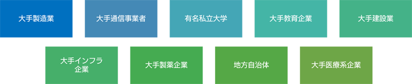 顧客の例：製造業、通信事業者、私立大学、建設業、インフラ企業、製薬企業、地方自治体、医療系企業など