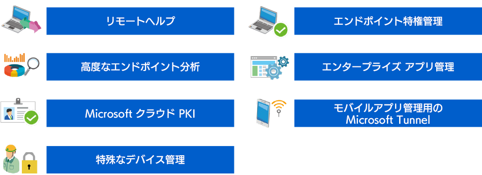 リモートヘルプ / エンドポイント特権管理 / 高度なエンドポイント分析 / エンタープライズ アプリ管理 / Microsoft  クラウド PKI / モバイルアプリ管理用の Microsoft Tunnel / 特殊なデバイス管理