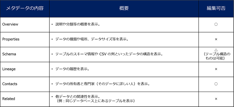 Data Catalog で確認できるメタデータ