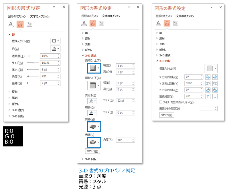 Power Point 文字のオプションの影や3-D書式、3-D回転の設定