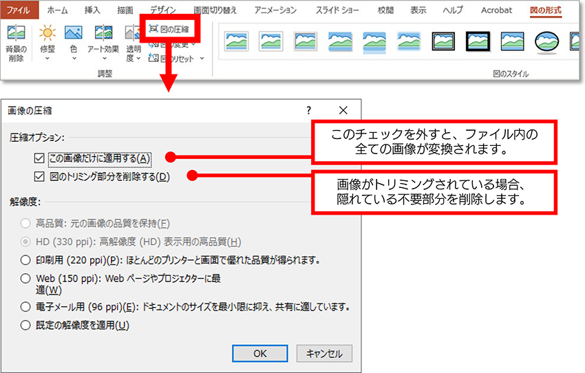 PowerPoint のメニュータブのファイルの図の圧縮より表示される、圧縮オプションに「この画像に適用する」「図のトリミング部分を削除する」というチェックがある