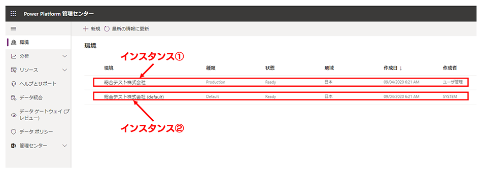 Power Platform 管理センターからインスタンスを確認する画面