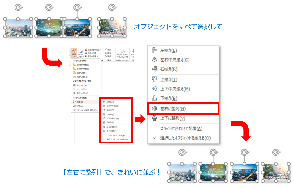 オブジェクトを左右に整列させる方法